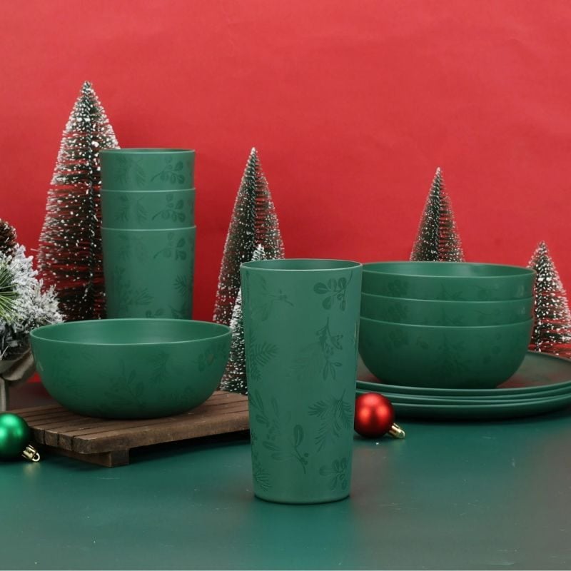 green holly etched plastic dishes