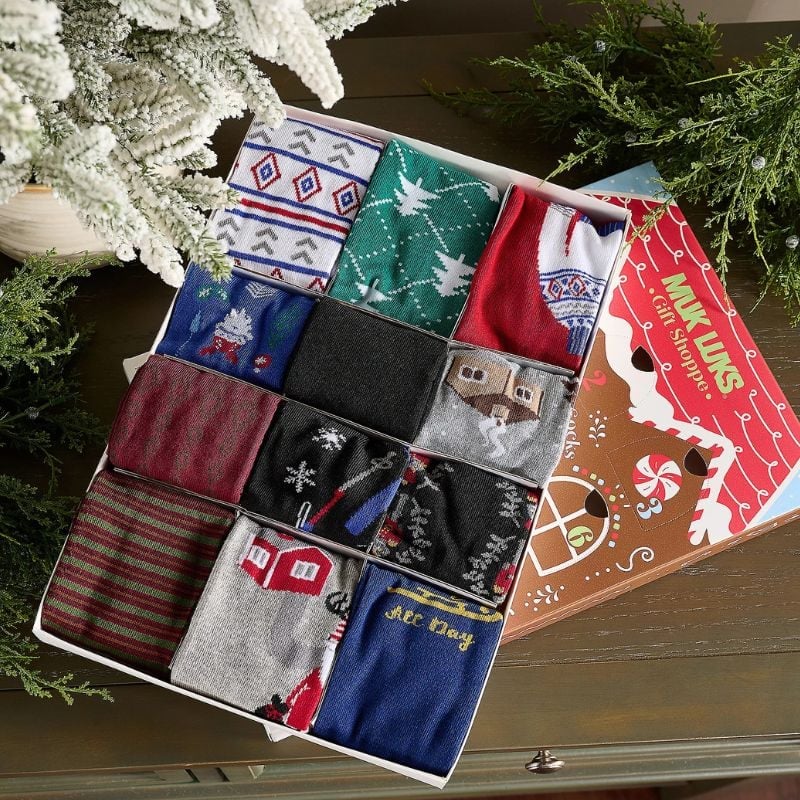 Muks Luks Advent Calendar sitting on table with socks showing