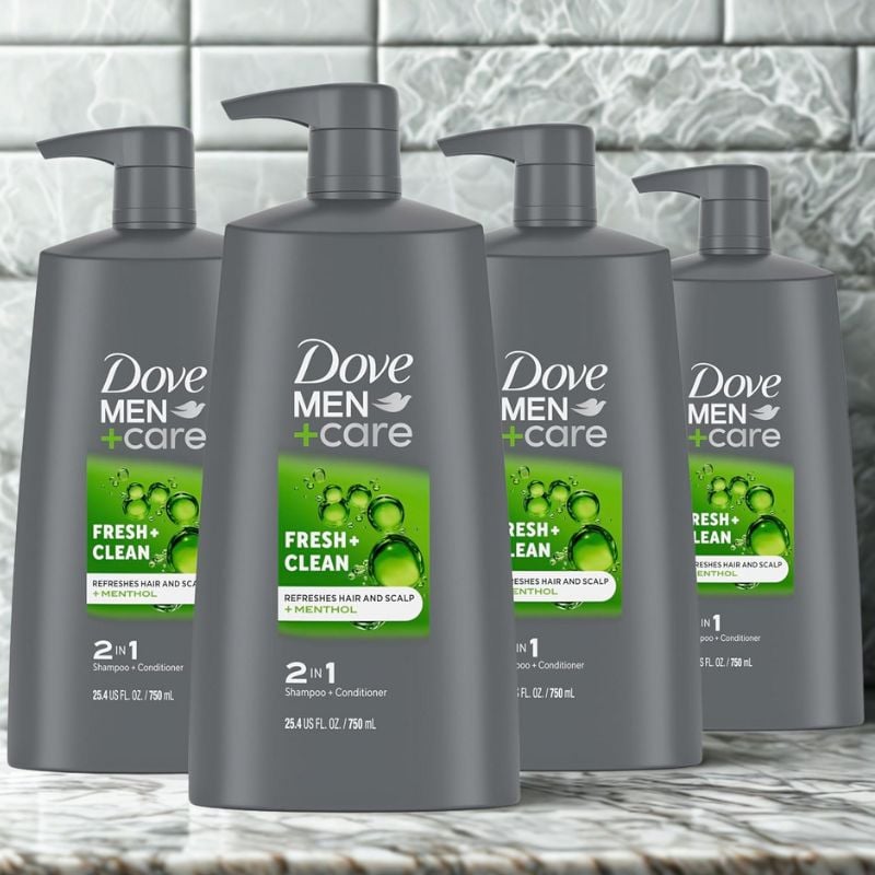 4 Dove men's shampoo conditioner on counter