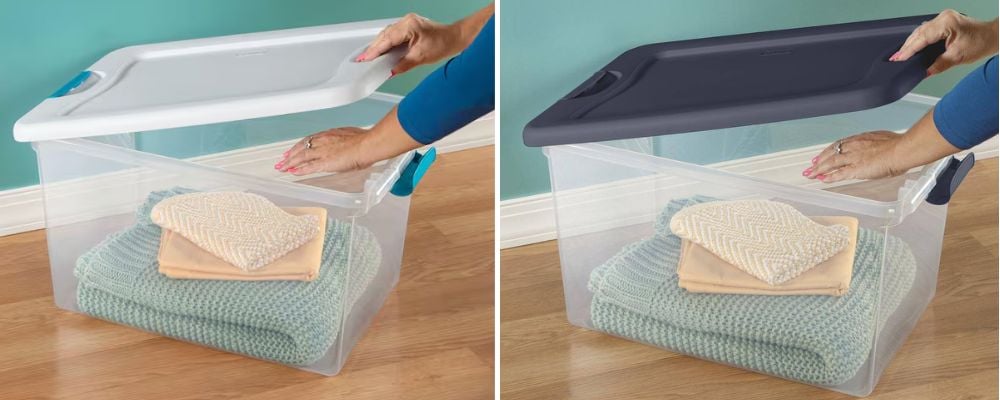 clear storage totes one with white lid and one with blue lid