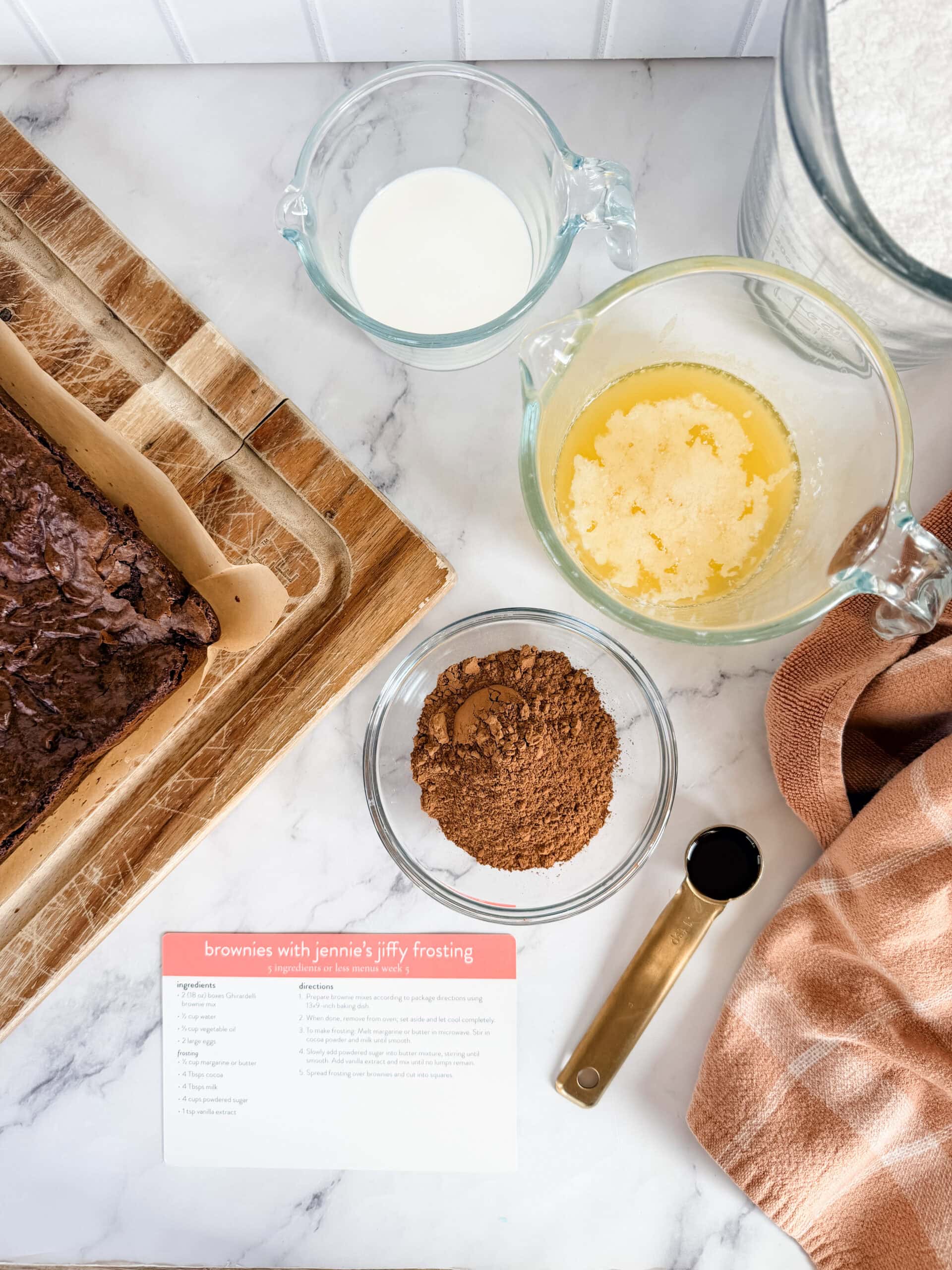 ingredients on counter for brownies with jennie's jiffy frosting