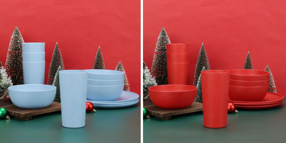 blue and red plastic holiday etched dishese