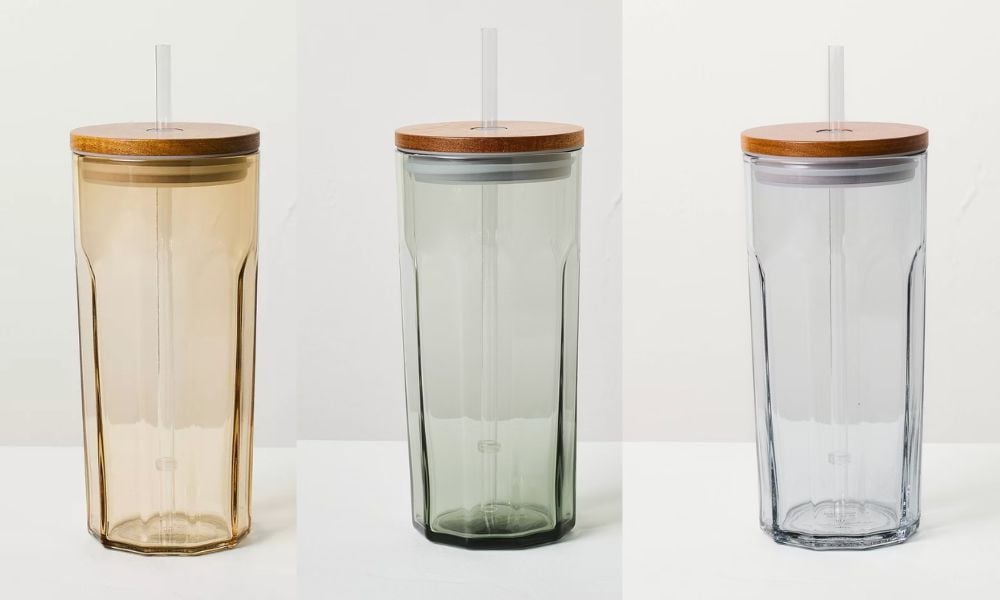 3 different glass tumblers with straws