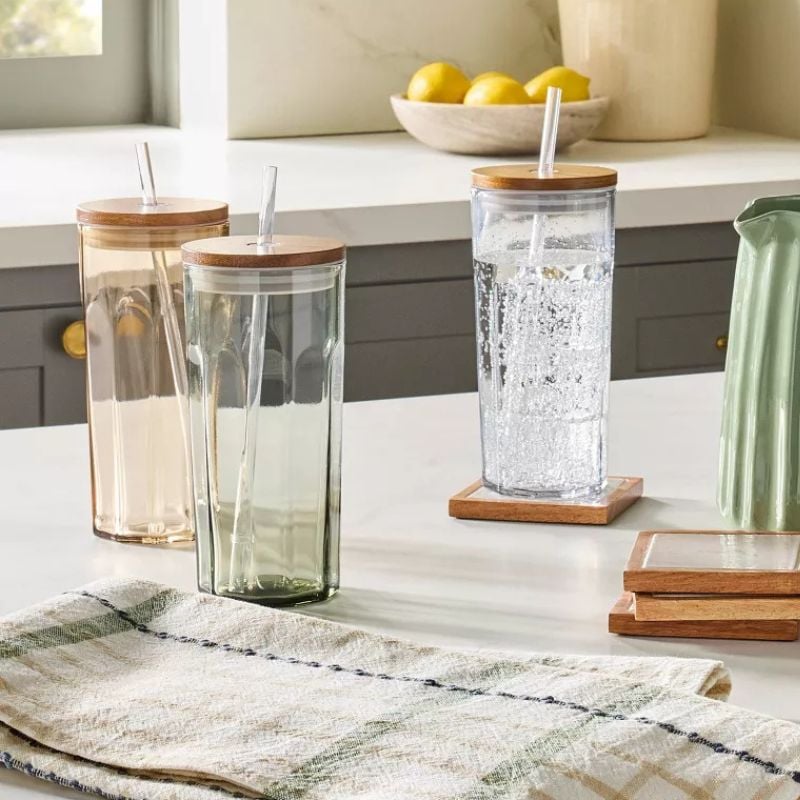 3 glass tumblers on table