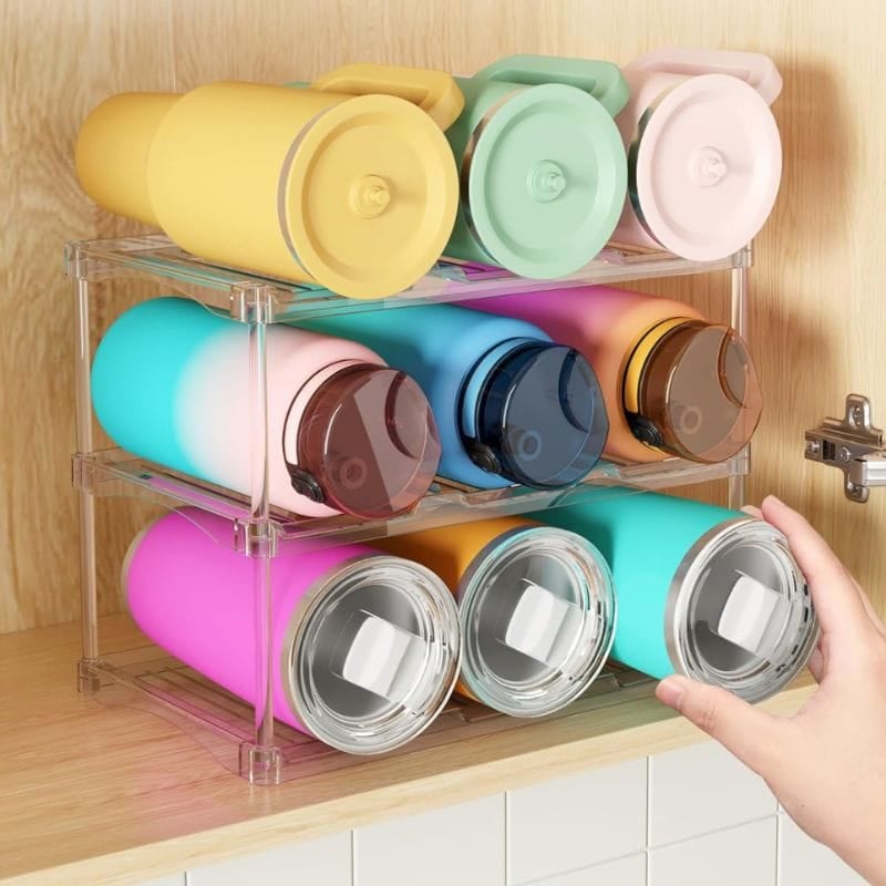 water bottles in organizer in cupboard