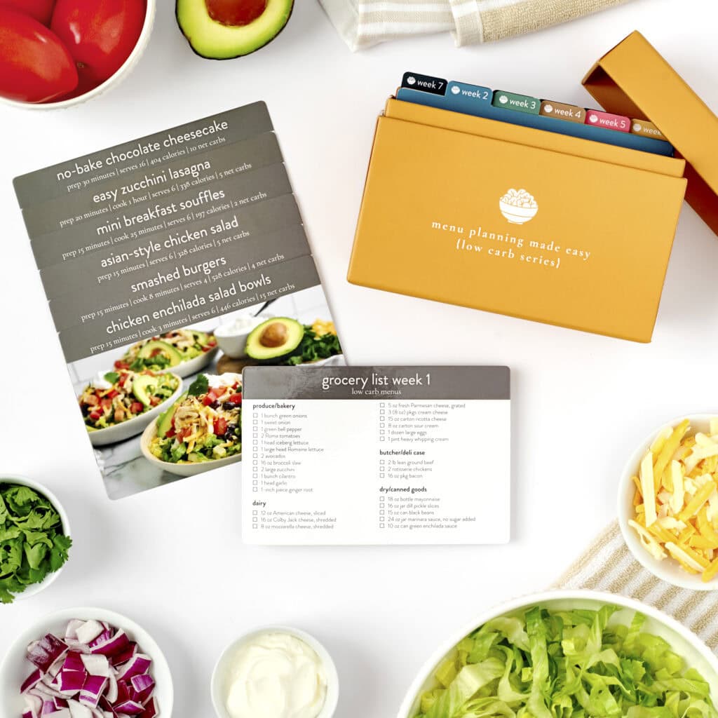 low carb menu plan with recipe cards