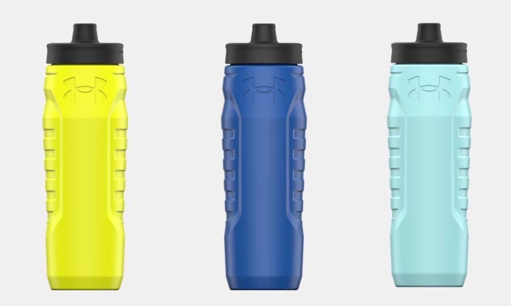 green blue and turquoise water bottles