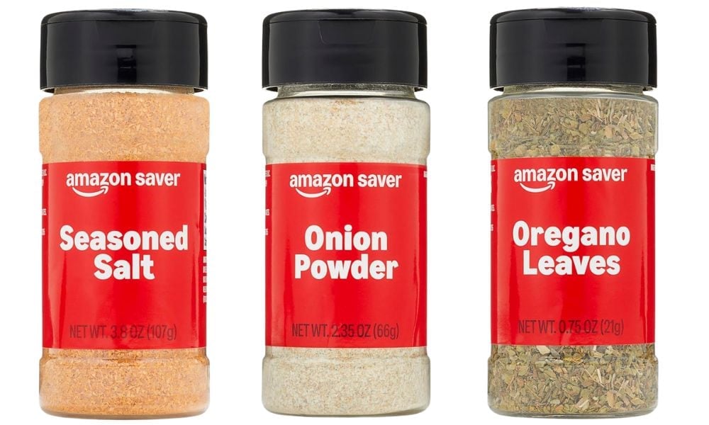 amazon saver seasoned salt, onion powder, and oregano leaves