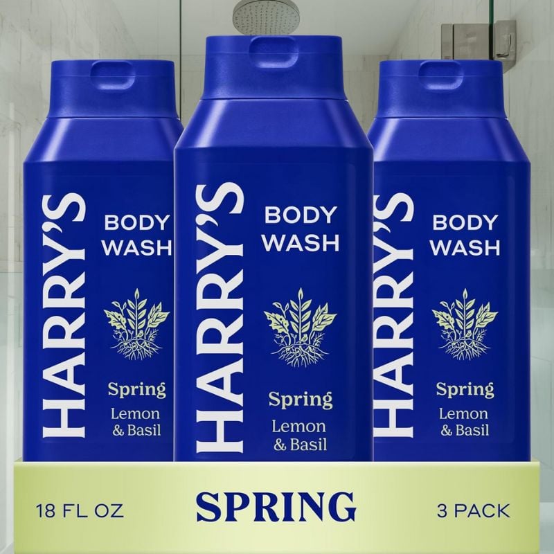 3 Harry's Body Wash bottles in shower