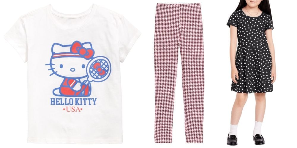 girls old navy hello kitty tee, red and white plaid pants, and black and white polka dot dress