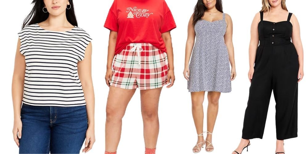 women wearing old navy striped shirt, plaid pajama shorts, blue dress and black jumpsuit