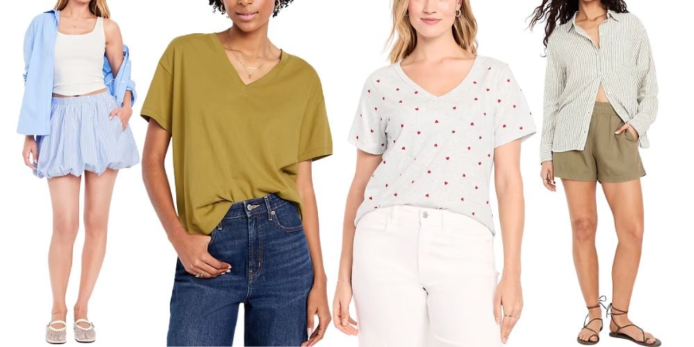 women wearing old navy blue poplin skirt, green v-neck tee, hearts tee and green shorts