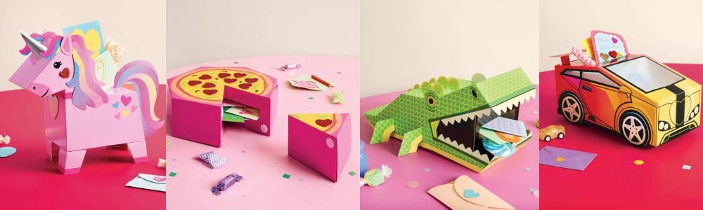 unicorn, pizza, alligator, and street car valentines day card box