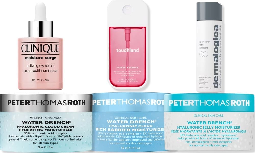 clinique, touchland, dermalogica, 3 jars of peter thomas roth