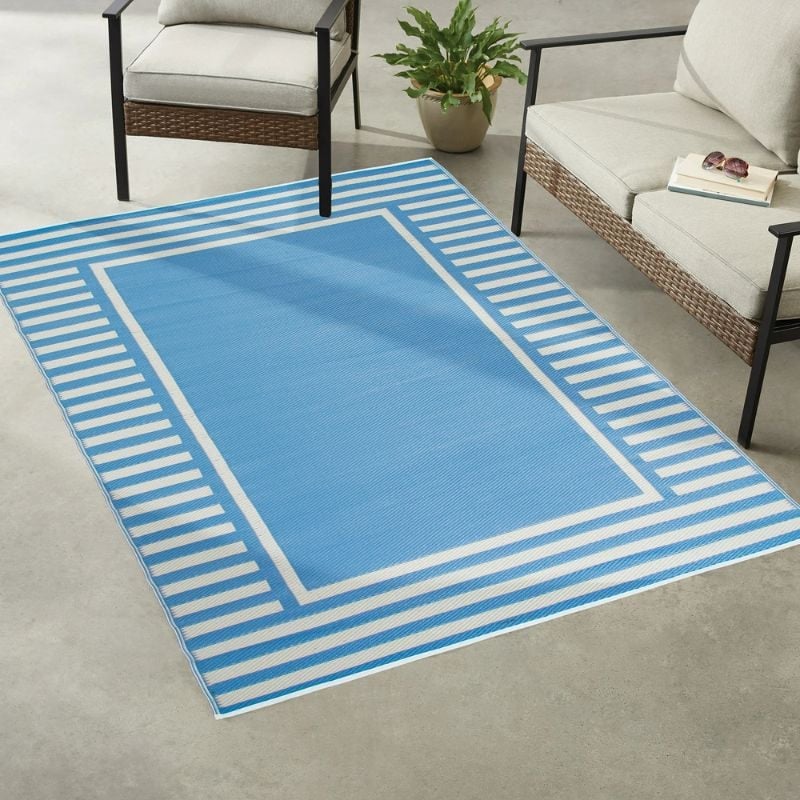 blue striped outdoor area rug