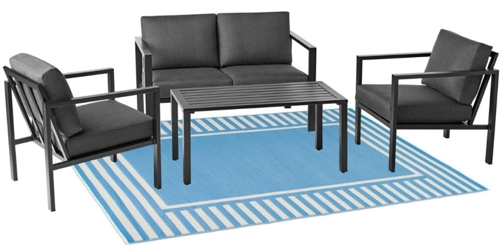 blue and white striped outdoor patio set