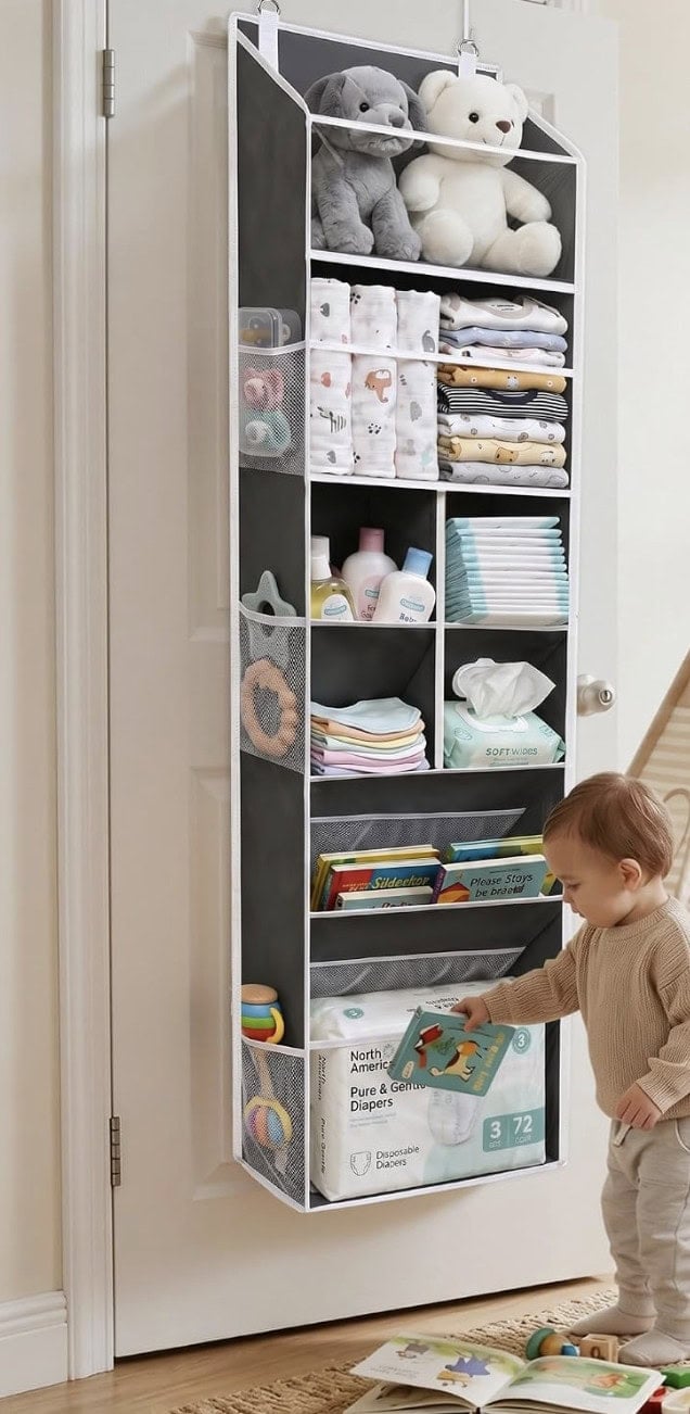 6 in 1 Over Door Hanging Organizer with 12 Mesh Pockets, 44 lbs Capacity, Deep Gray – Versatile Behind Door Storage for Baby Nursery, Newborn
