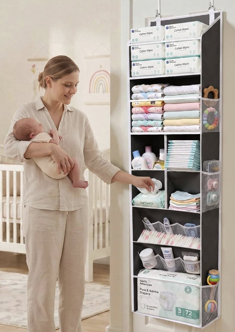 6 in 1 Over Door Hanging Organizer with 12 Mesh Pockets, 44 lbs Capacity, Deep Gray – Versatile Behind Door Storage for Baby Nursery, Newborn 2