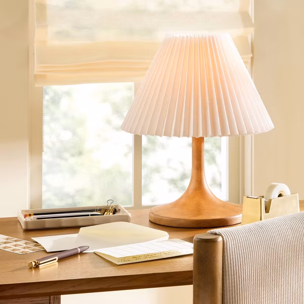 wooden lamp with accordion shade