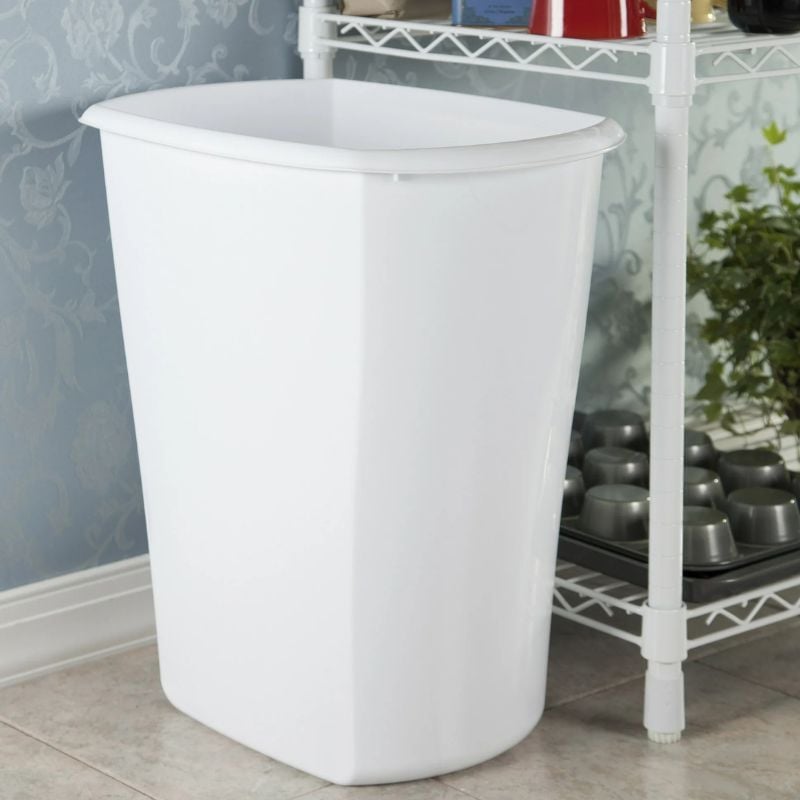 white garbage can in kitchen