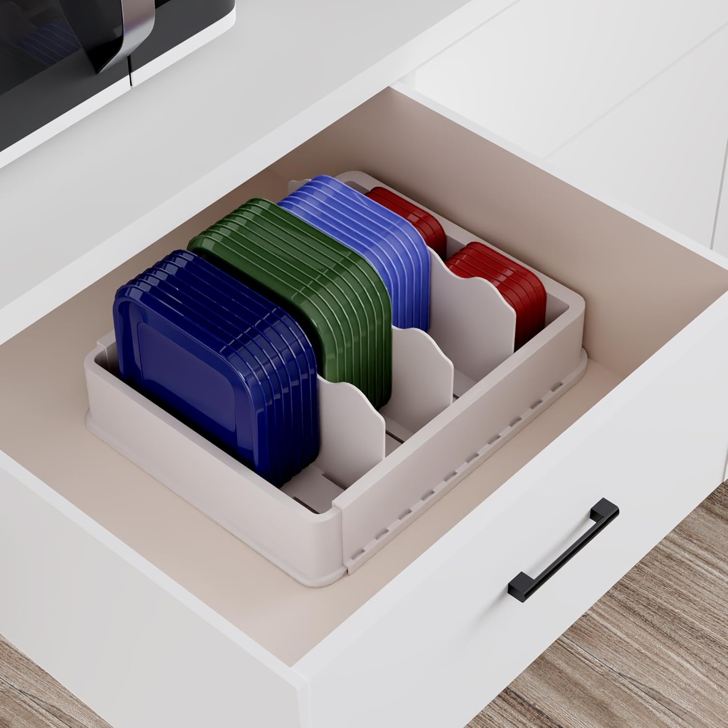 blue, green, blue clear and red lids in lid holder in drawer