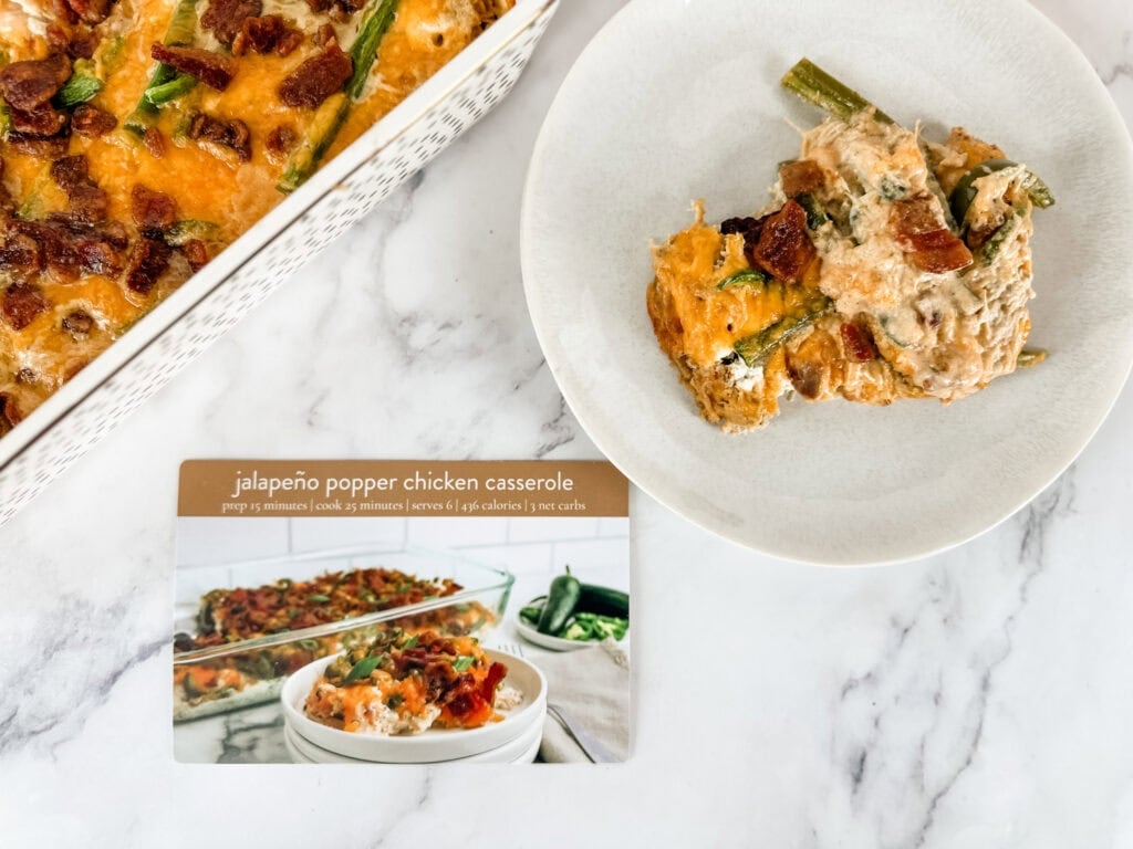 jalapeño popper chicken casserole with recipe card and plated