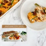 jalapeño popper chicken casserole with recipe card and plated