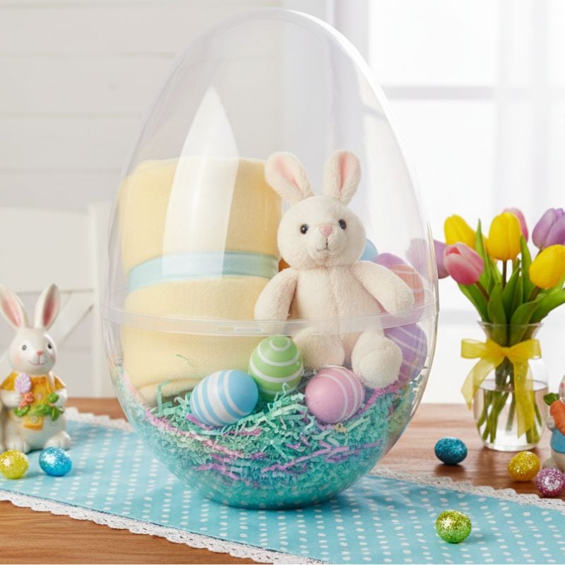 jumbo clear egg container holding blanket, bunny and eggs