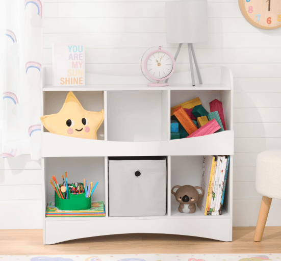 white storage shelf in kids room