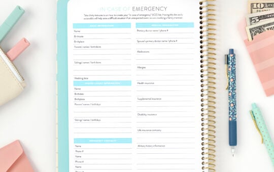 money planner emergency page