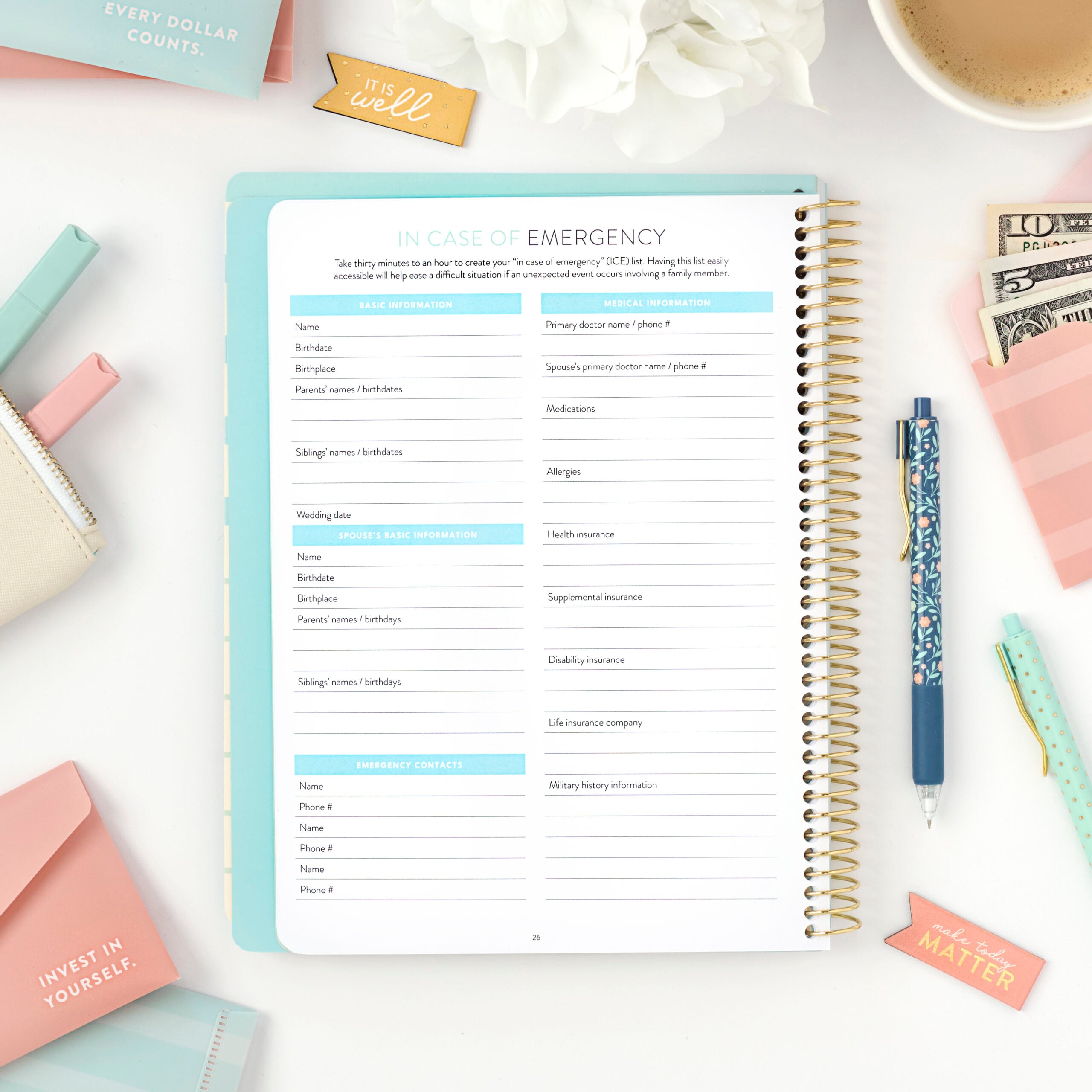 money planner emergency page