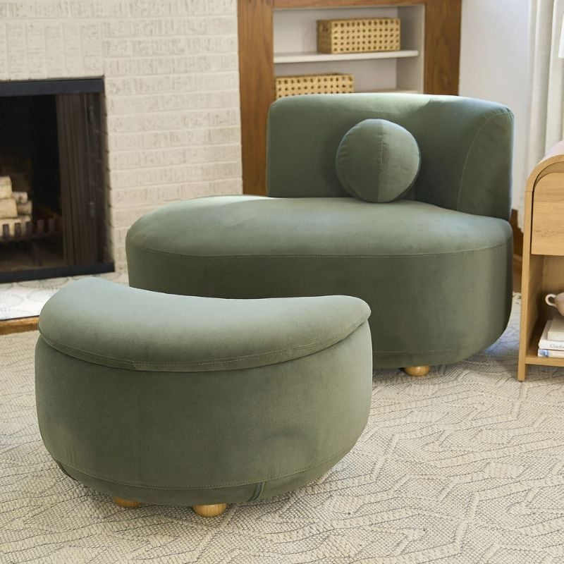 green velvet chaise lounge chair and foot stool