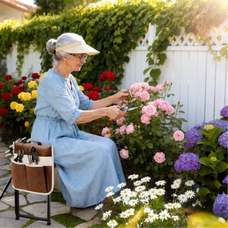 Amazon garden kneeler seat woman sitting on Amazon garden kneeler seat clipping flower bush