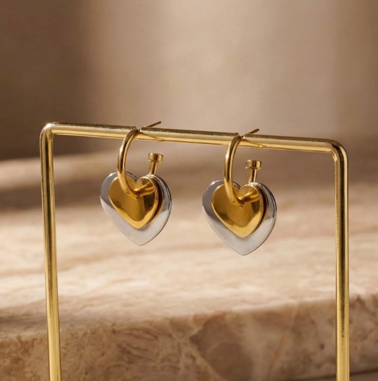 FAMARINE Gold and Silver Heart Hoop Earrings