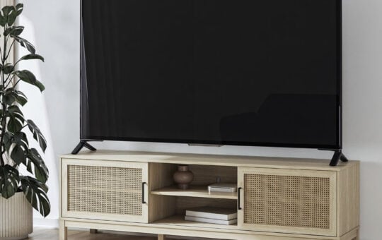 Mainstays Cane TV Stand for TVs up to 85, Spring Pine