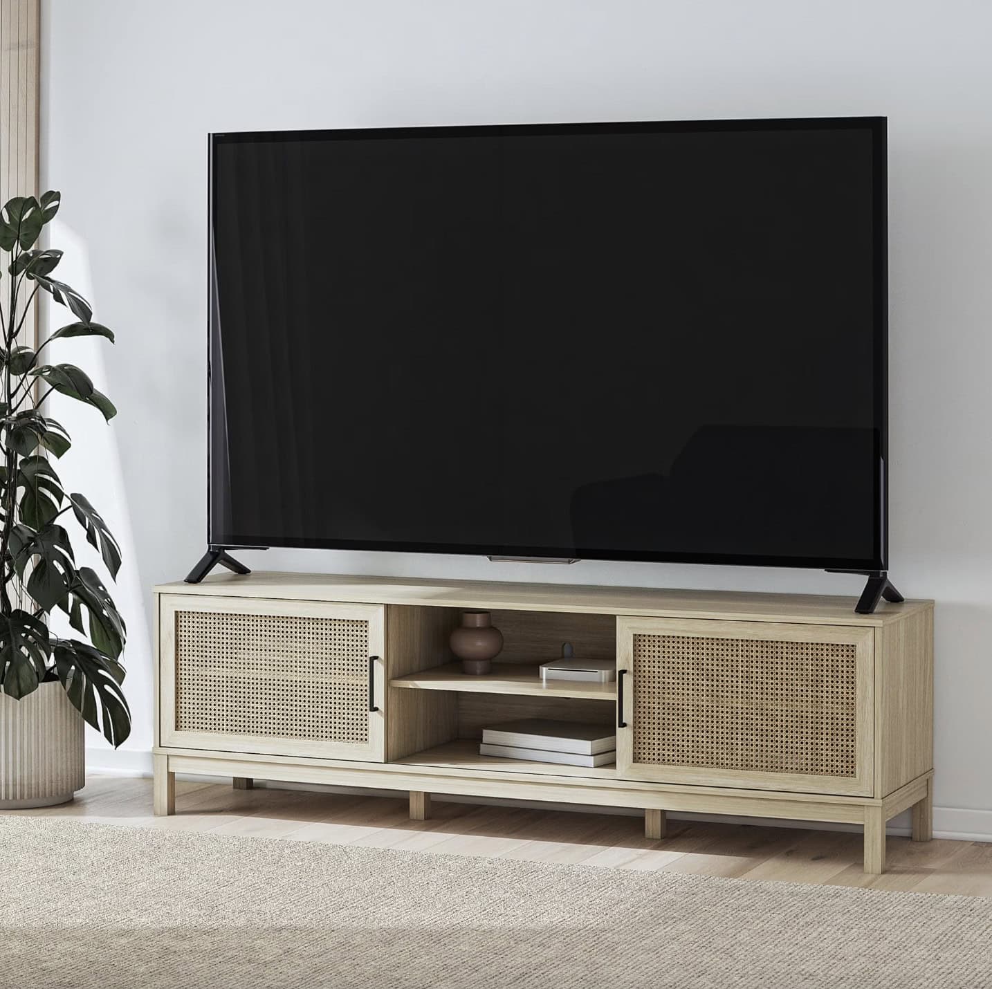 Mainstays Cane TV Stand for TVs up to 85, Spring Pine Mainstays Cane TV Stand for TVs up to 85, Spring Pine
