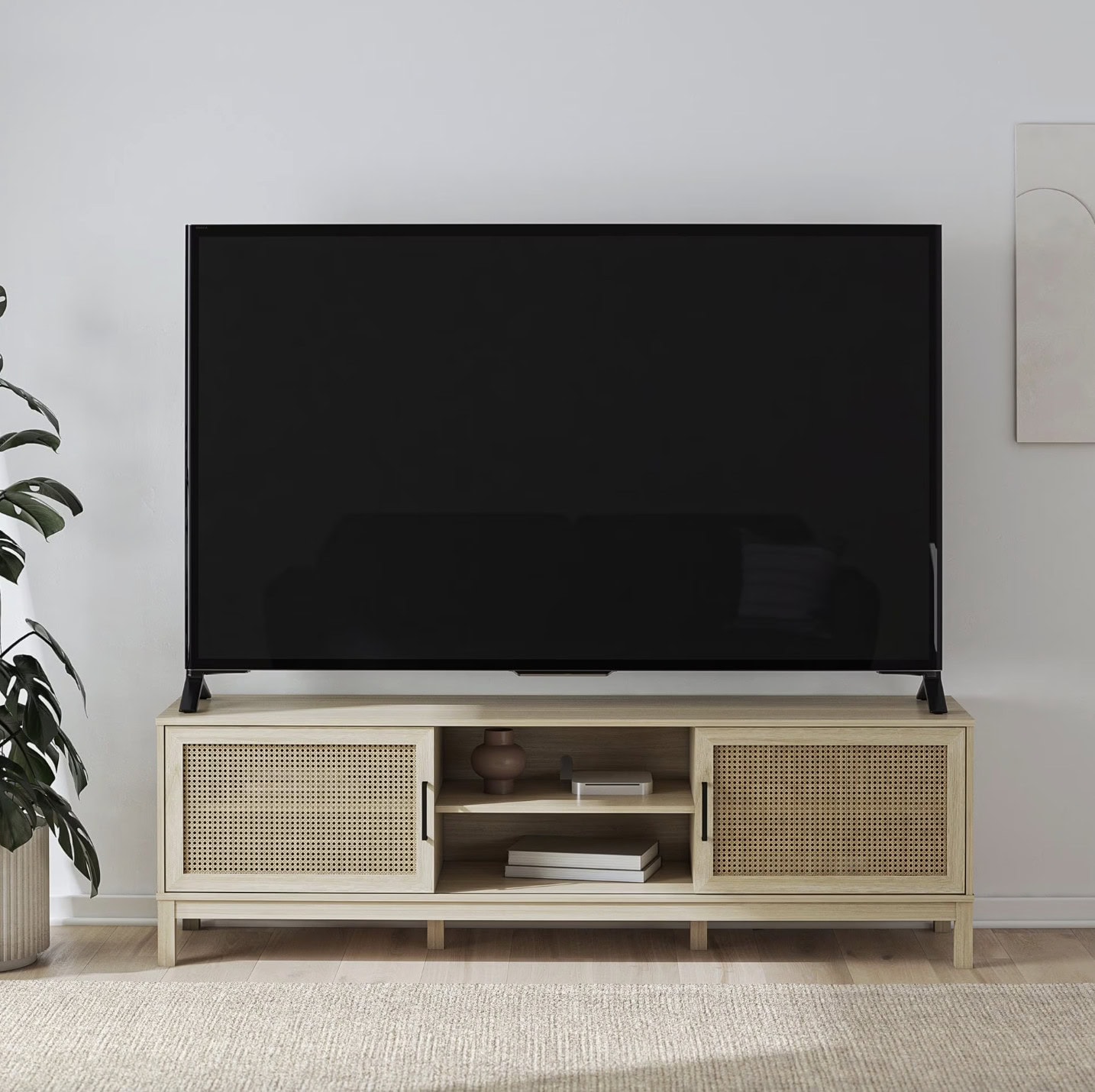 Mainstays Cane TV Stand for TVs up to 85, Spring Pine 2 Mainstays Cane TV Stand for TVs up to 85, Spring Pine 2