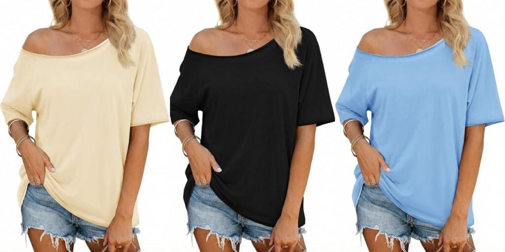 women wearing yellow, black and blue off the shoulder tees