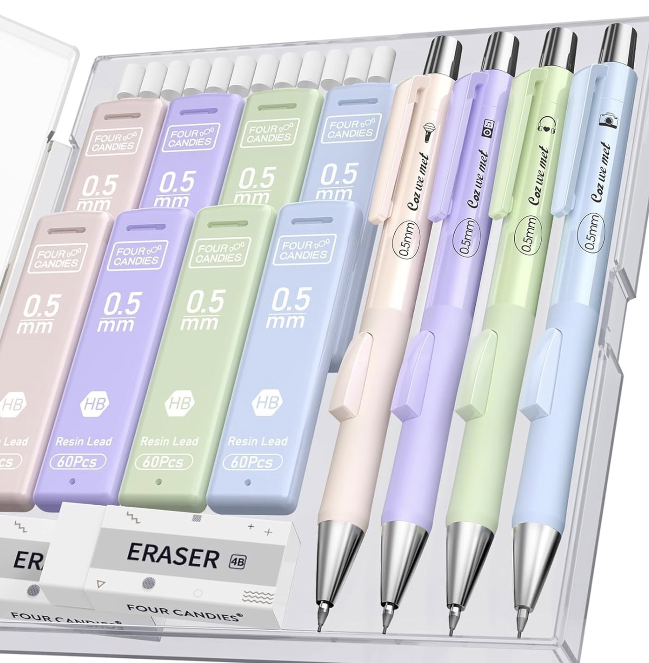 four candies mechanical pencil set with case 4 pc 480 pc lead refill