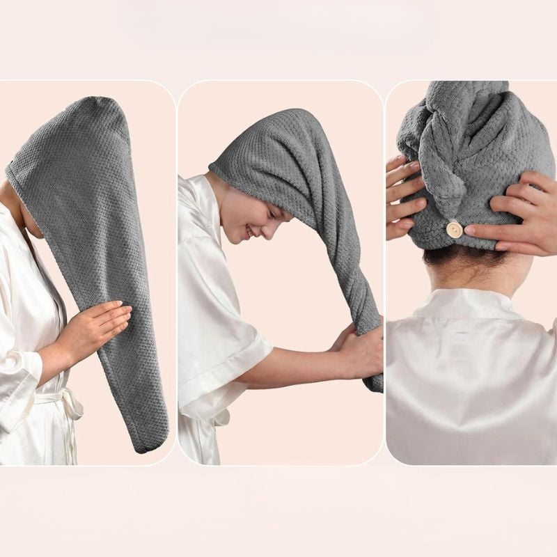 3 images showing woman wrapping up hair in dryer towel