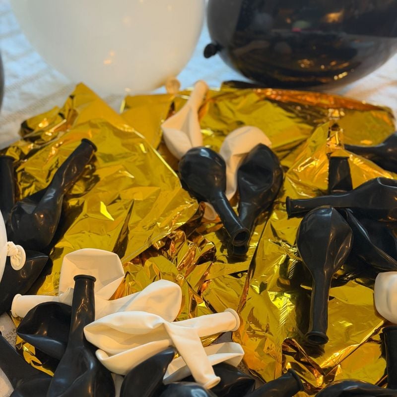 oriental trading gold, black and white party balloons