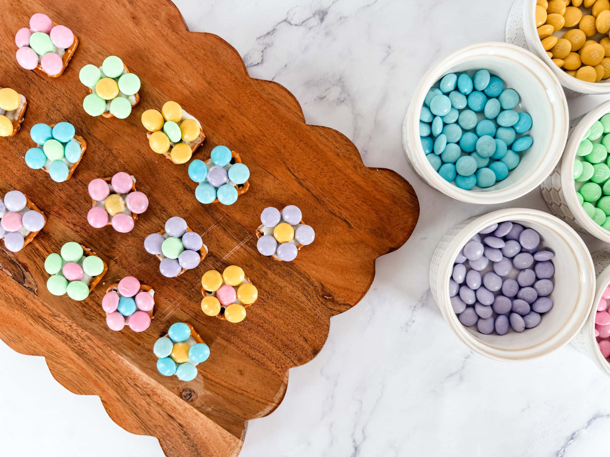 spring flower pretzel bites on platter