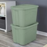 sterilite 18 gal totes with lid in green sage stacked