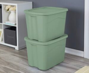 sterilite 18 gal totes with lid in green sage stacked