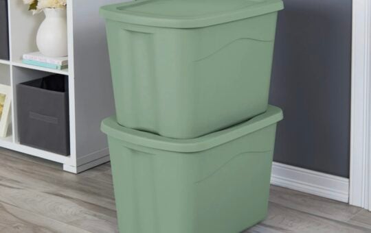 sterilite 18 gal totes with lid in green sage stacked