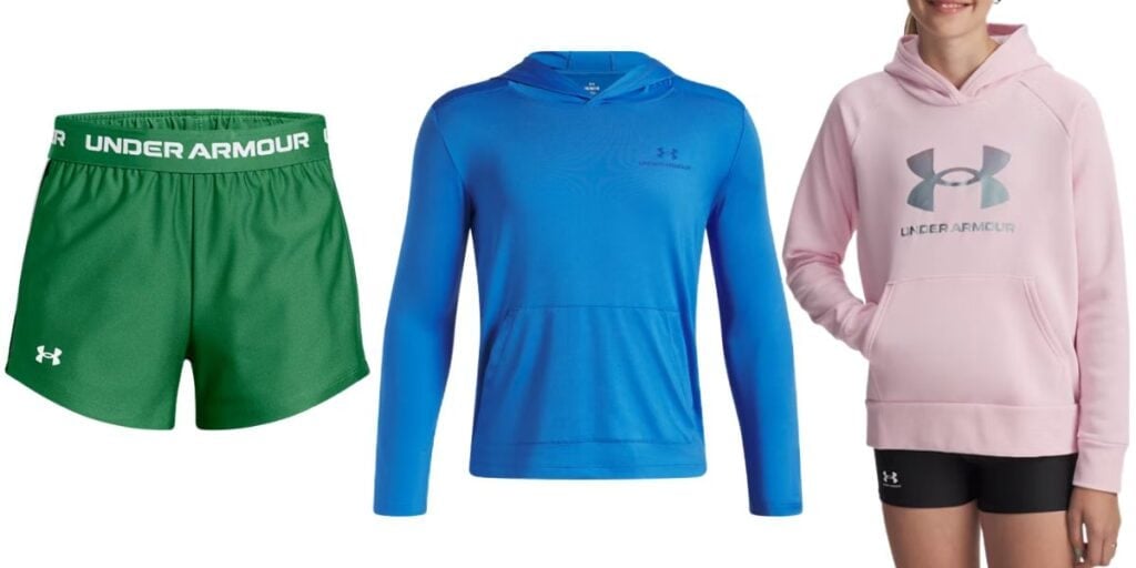under armour shorts, blue hoodie and pink hoodie
