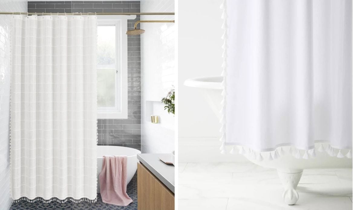 white tassel shower curtain dupe