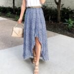 BTFBM Women Boho Floral Elastic Waist Split Ruffle High Low Maxi Skirt