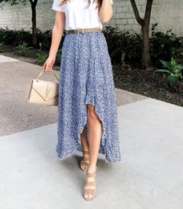 BTFBM Women Boho Floral Elastic Waist Split Ruffle High Low Maxi Skirt