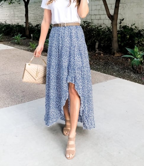 BTFBM Women Boho Floral Elastic Waist Split Ruffle High Low Maxi Skirt